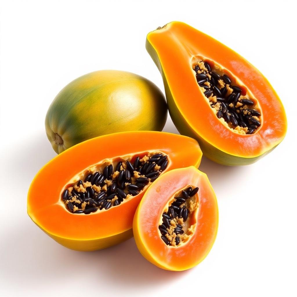 شجرة الباباي (الفاف) (Carica papaya — Caricaceae) — الثمرة/المحصول عن قرب: ثمرة الباباي/الفاف مقطوعة تظهر اللب البرتقالي والبذور السوداء — Carica papaya — ملحق الثمار والشجيرات الاستوائية بمحلية هيبان الكبرى [heiban-papaya-fruit.jpg]