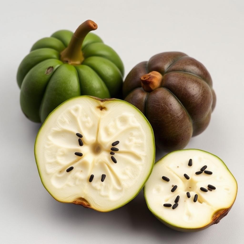 شجرة القشطة (Annona squamosa — Annonaceae) — الثمرة/المحصول عن قرب: ثمرة القشطة مقطوعة تُظهر اللب الأبيض الكريمي والبذور — Annona squamosa — ملحق الثمار والشجيرات الاستوائية بمحلية هيبان الكبرى [heiban-custard-apple-fruit.jpg]
