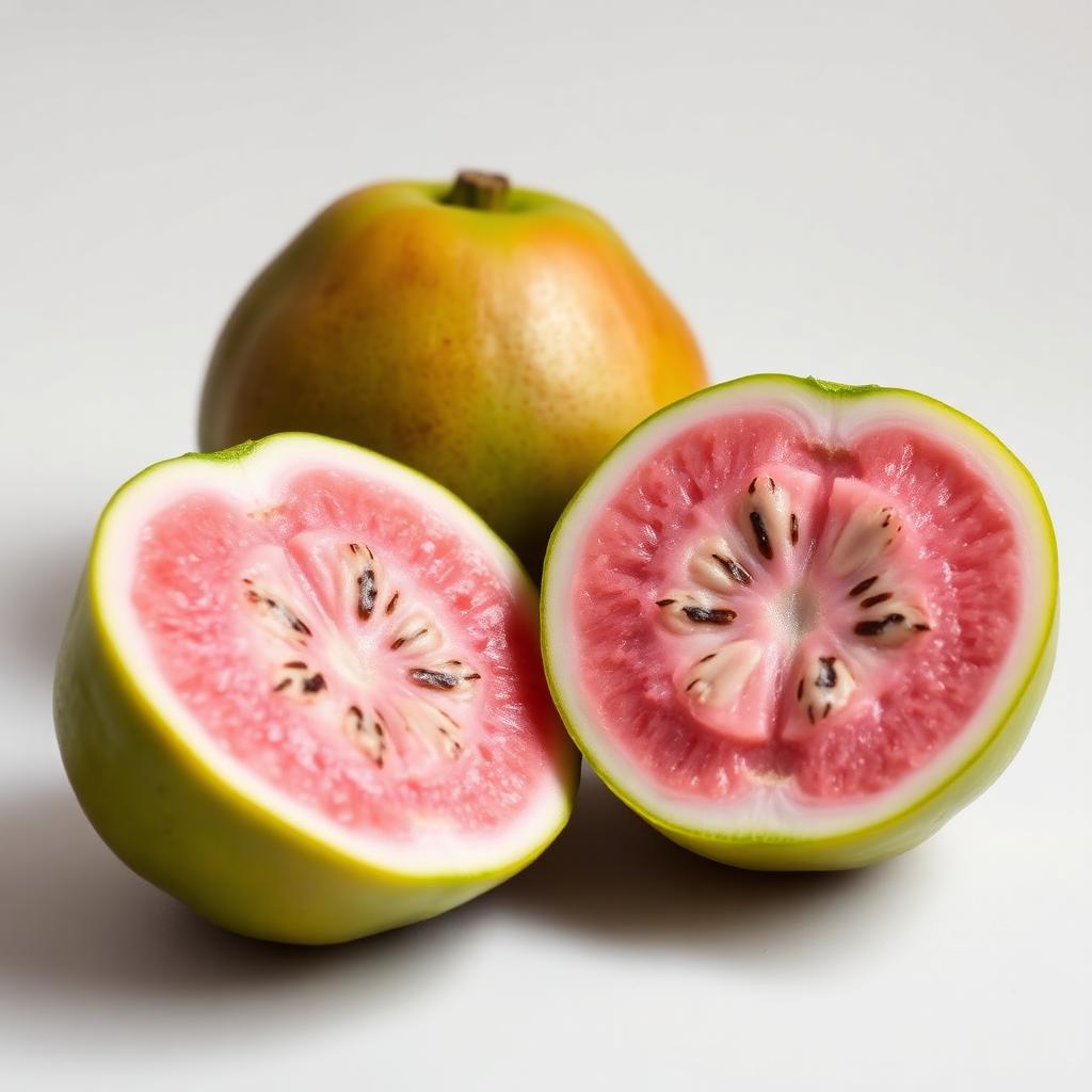 شجرة الجوافة (Psidium guajava — Myrtaceae) — الثمرة/المحصول عن قرب: ثمار الجوافة الناضجة مقطوعة تكشف اللب الوردي والبذور — Psidium guajava — ملحق الثمار والشجيرات الاستوائية بمحلية هيبان الكبرى [heiban-guava-fruit.jpg]