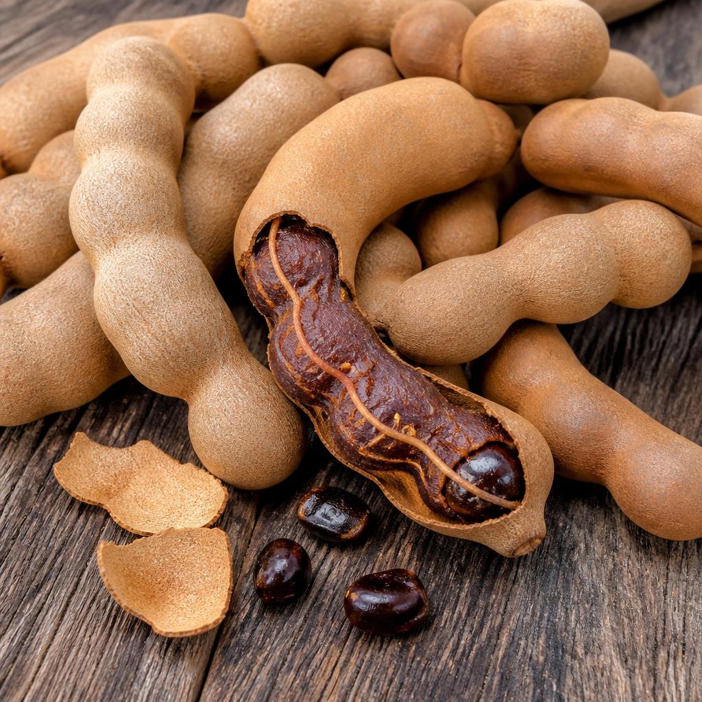 شجرة العرديب البرية (Tamarindus indica — Fabaceae) — الثمرة/المحصول عن قرب: قرون العرديب (التمر الهندي) البنية الناضجة مع اللب الداكن والبذور اللامعة — Tamarindus indica — ملحق الثمار والشجيرات الاستوائية بمحلية هيبان الكبرى [appendix-ardeib-fruit.jpg]