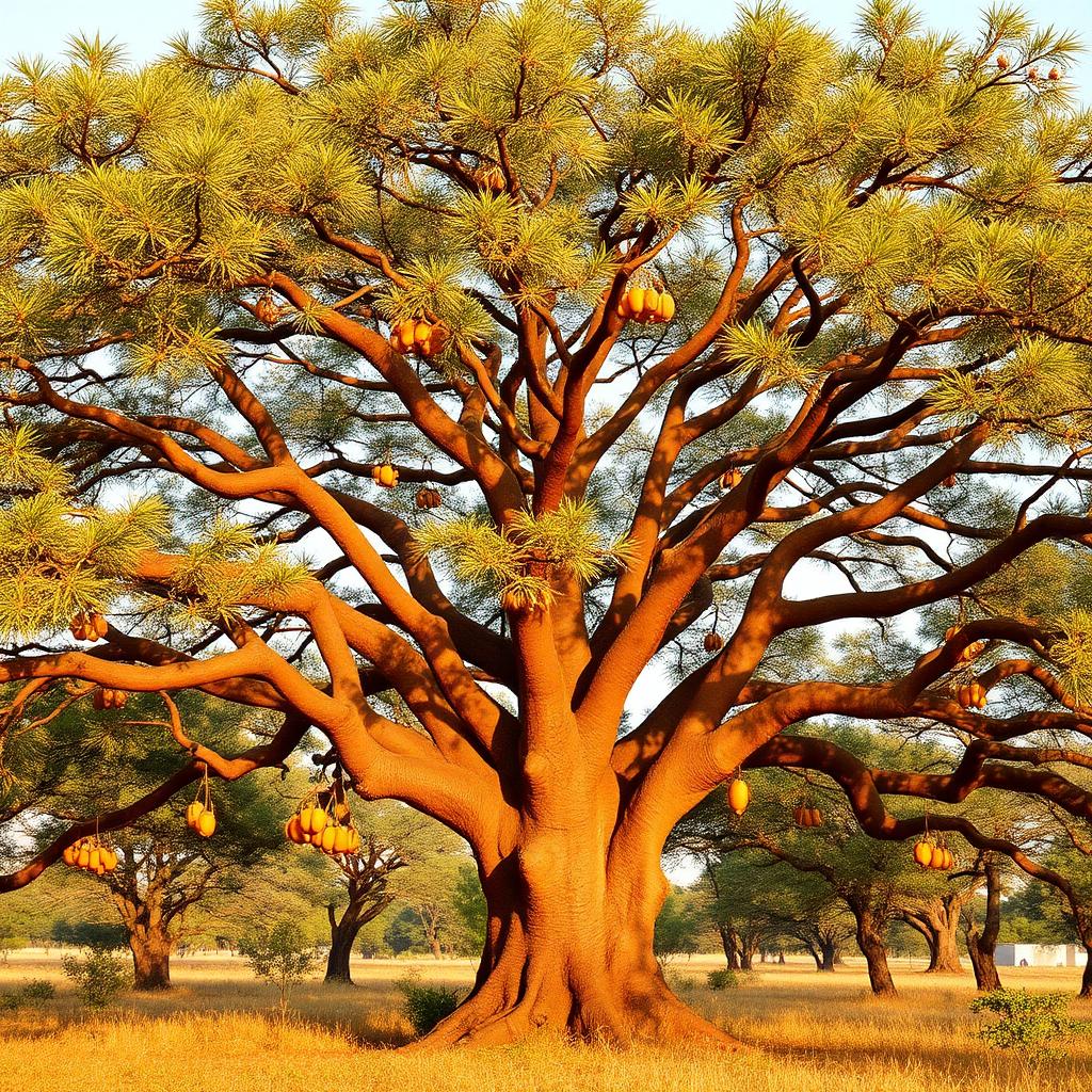شجرة العرديب البرية (Tamarindus indica — Fabaceae) — النبات/الشجرة كاملاً في البيئة: شجرة العرديب/التمر الهندي بتاجها المظلي في سافانا جبال النوبة — Tamarindus indica — ملحق الثمار والشجيرات الاستوائية بمحلية هيبان الكبرى [heiban-ardeib-tree.jpg]