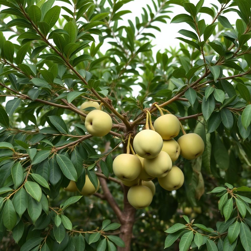 شجرة القشطة (Annona squamosa — Annonaceae) — النبات/الشجرة كاملاً في البيئة: شجرة القشطة كاملةً بأوراقها البيضاوية الداكنة وثمارها القشرية — Annona squamosa — ملحق الثمار والشجيرات الاستوائية بمحلية هيبان الكبرى [heiban-custard-apple-tree.jpg]