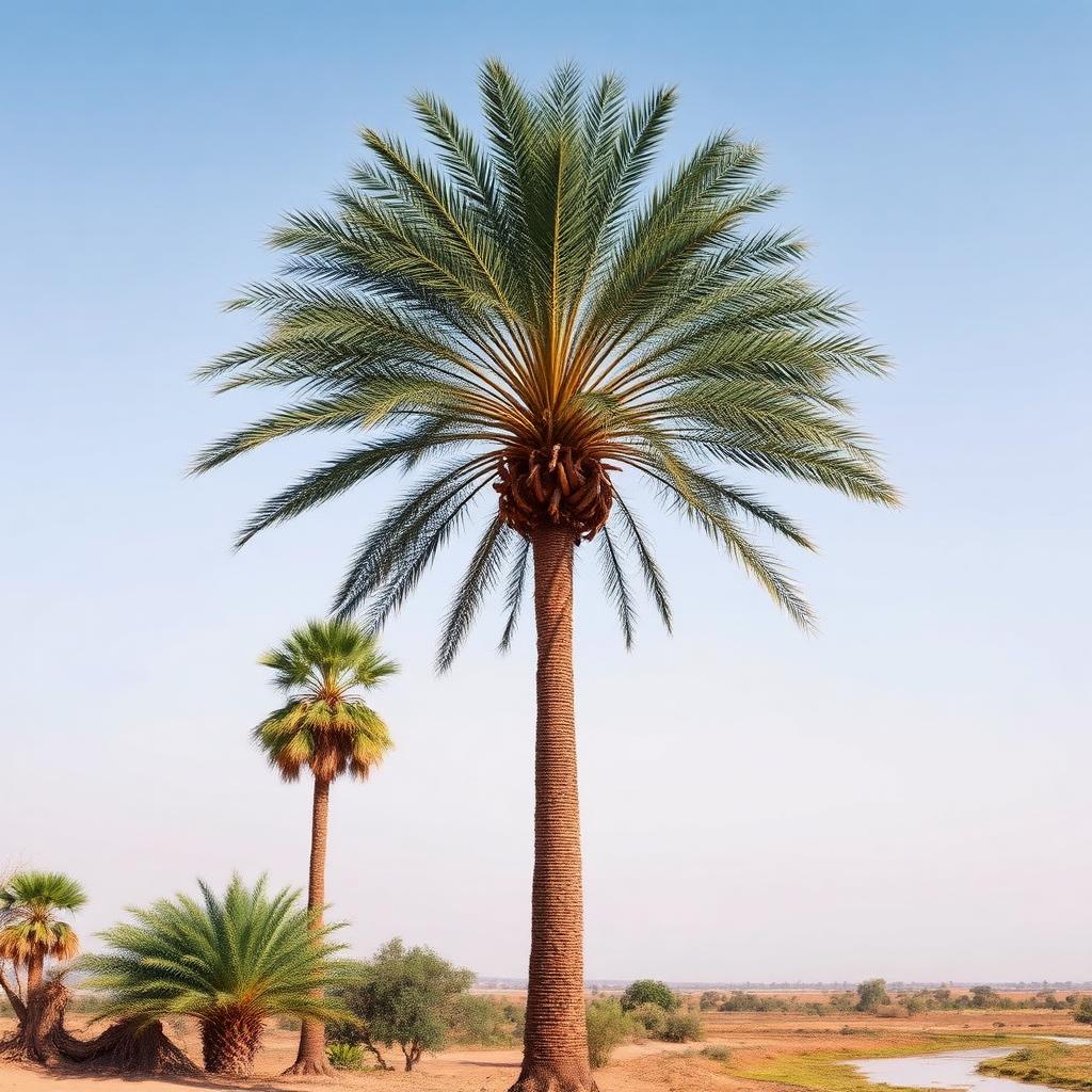 نخلة الدليب (Borassus aethiopum — Arecaceae) — النبات/الشجرة كاملاً في البيئة: نخلة الدليب الشاهقة بجذعها المنتفخ وسط سهول السافانا في هيبان — Borassus aethiopum — ملحق الثمار والشجيرات الاستوائية بمحلية هيبان الكبرى [heiban-deleib-tree.jpg]