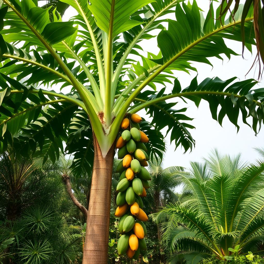 شجرة الباباي (الفاف) (Carica papaya — Caricaceae) — النبات/الشجرة كاملاً في البيئة: شجرة الباباي (الفاف) بساقها الأجوف وسعفها الكفّي وعناقيد الثمار — Carica papaya — ملحق الثمار والشجيرات الاستوائية بمحلية هيبان الكبرى [heiban-papaya-tree.jpg]